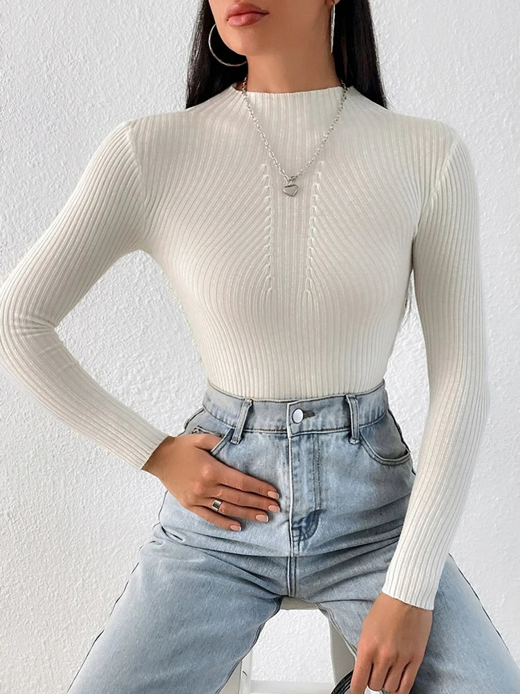 CREAM RIBBED HIGH-NECK TOP