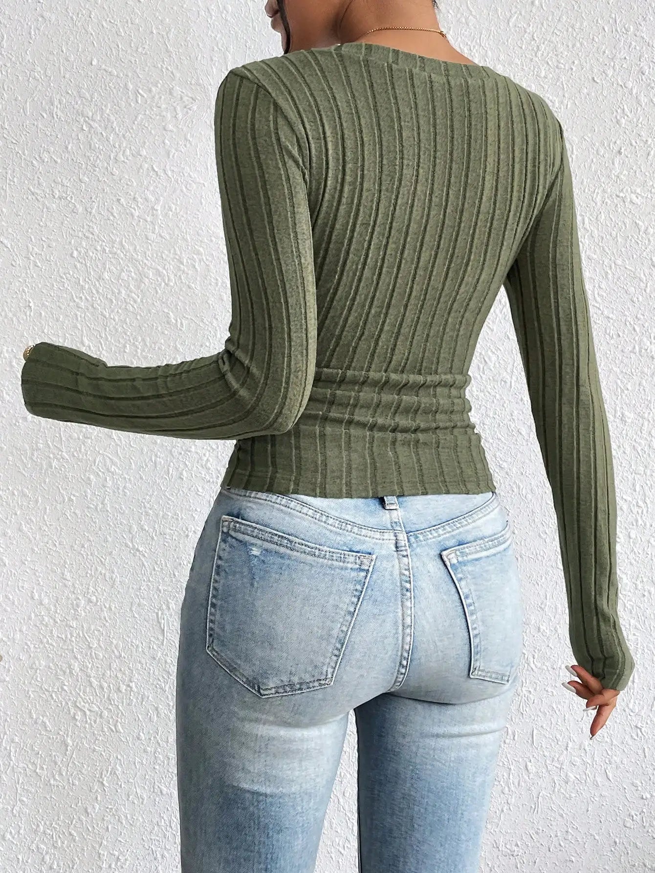 OLIVE RIBBED V-NECK TOP