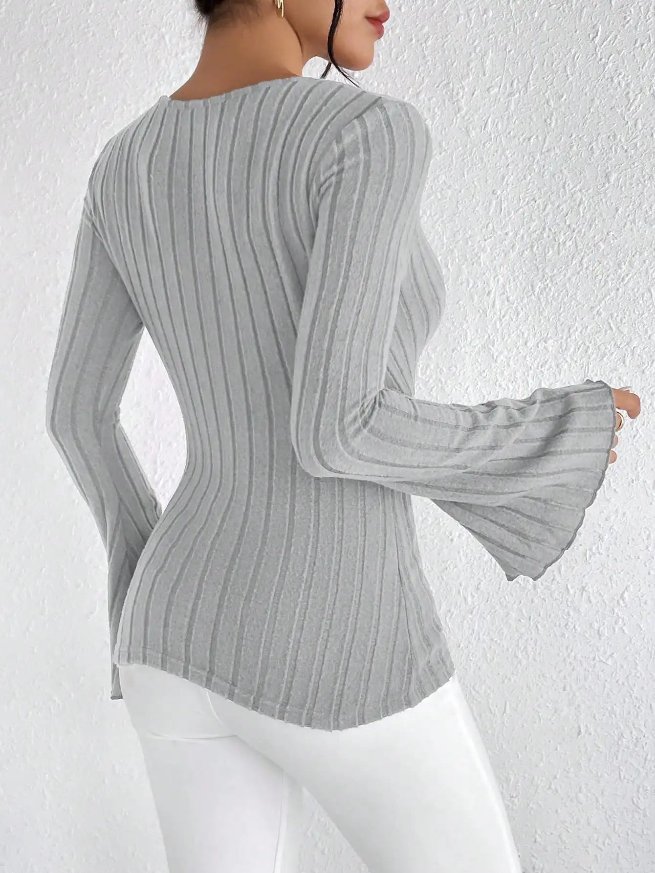 RIBBED WRAP BELL-SLEEVE TOP