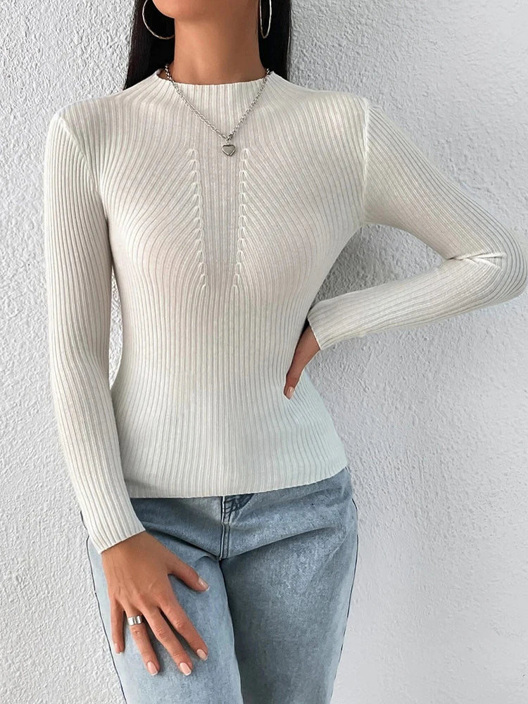 CREAM RIBBED HIGH-NECK TOP