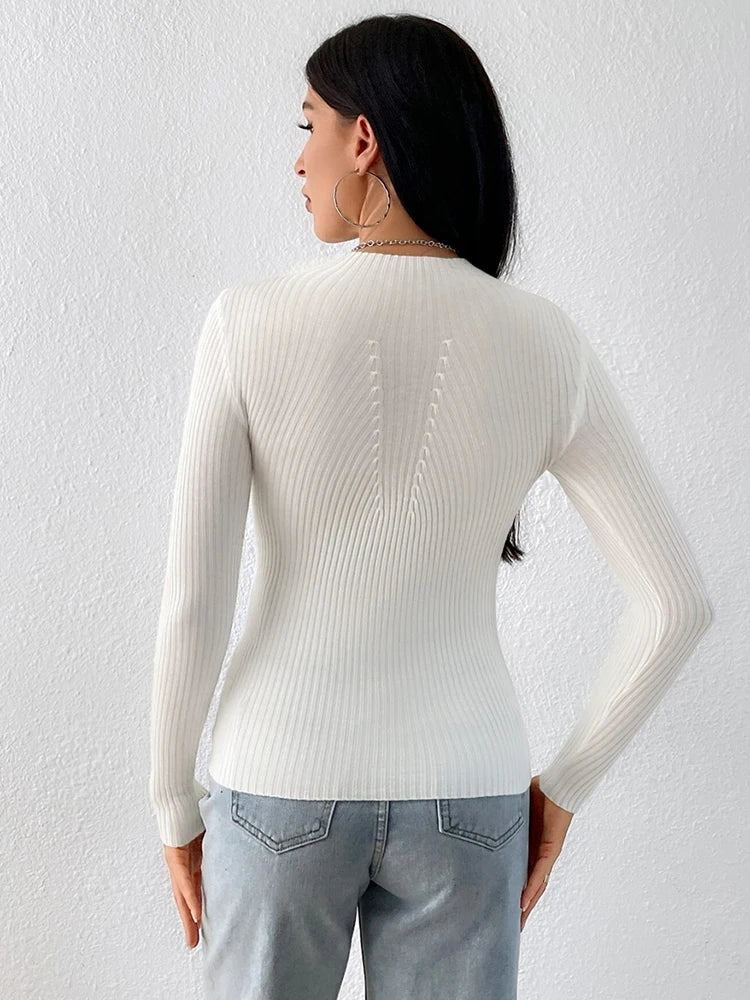 CREAM RIBBED HIGH-NECK TOP