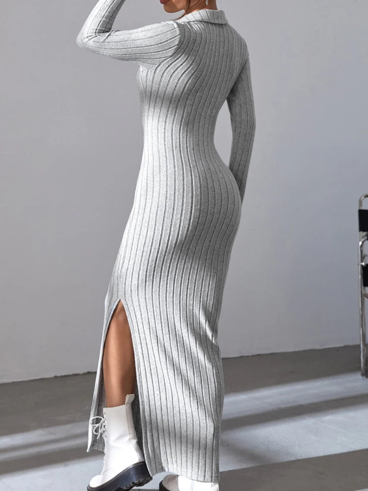 RIBBED COLLARED MAXI DRESS